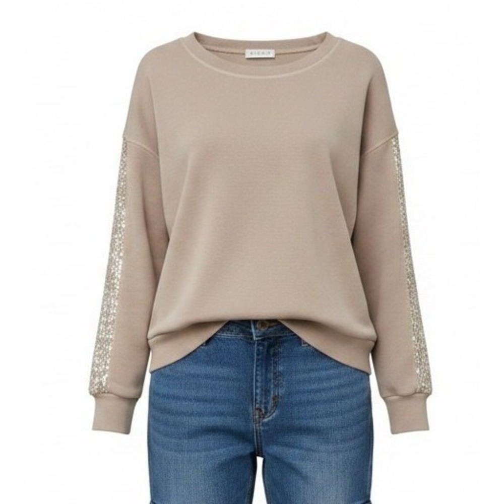 Ariella Womens Sequin Sleeve Stripe Sweatshirt Tan Taupe Crew Neck Pullover L